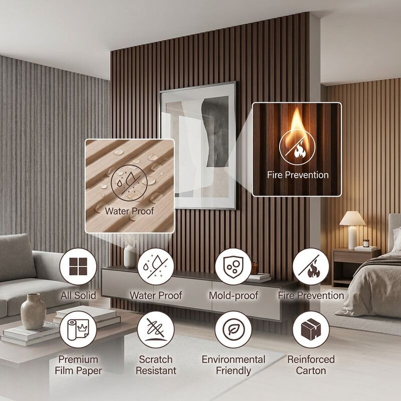 Modernes WPC-Wandpaneel für den Innenbereich mit geriffeltem Holzmaserungsdesign für Wohnzimmer und Schlafzimmer